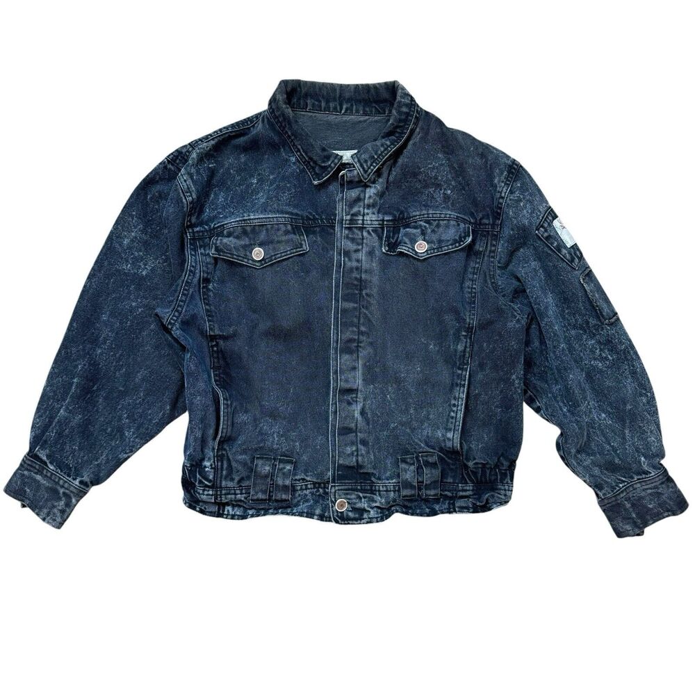 Vintage 80s 90s Bugle Boy Black Acid wash Denim Bomber Jacket size L
